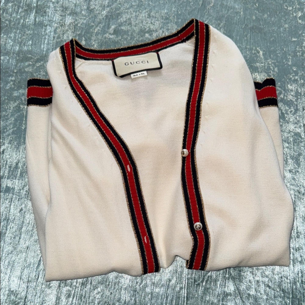 Gucci Ivory Cardigan with Red and Black Accents